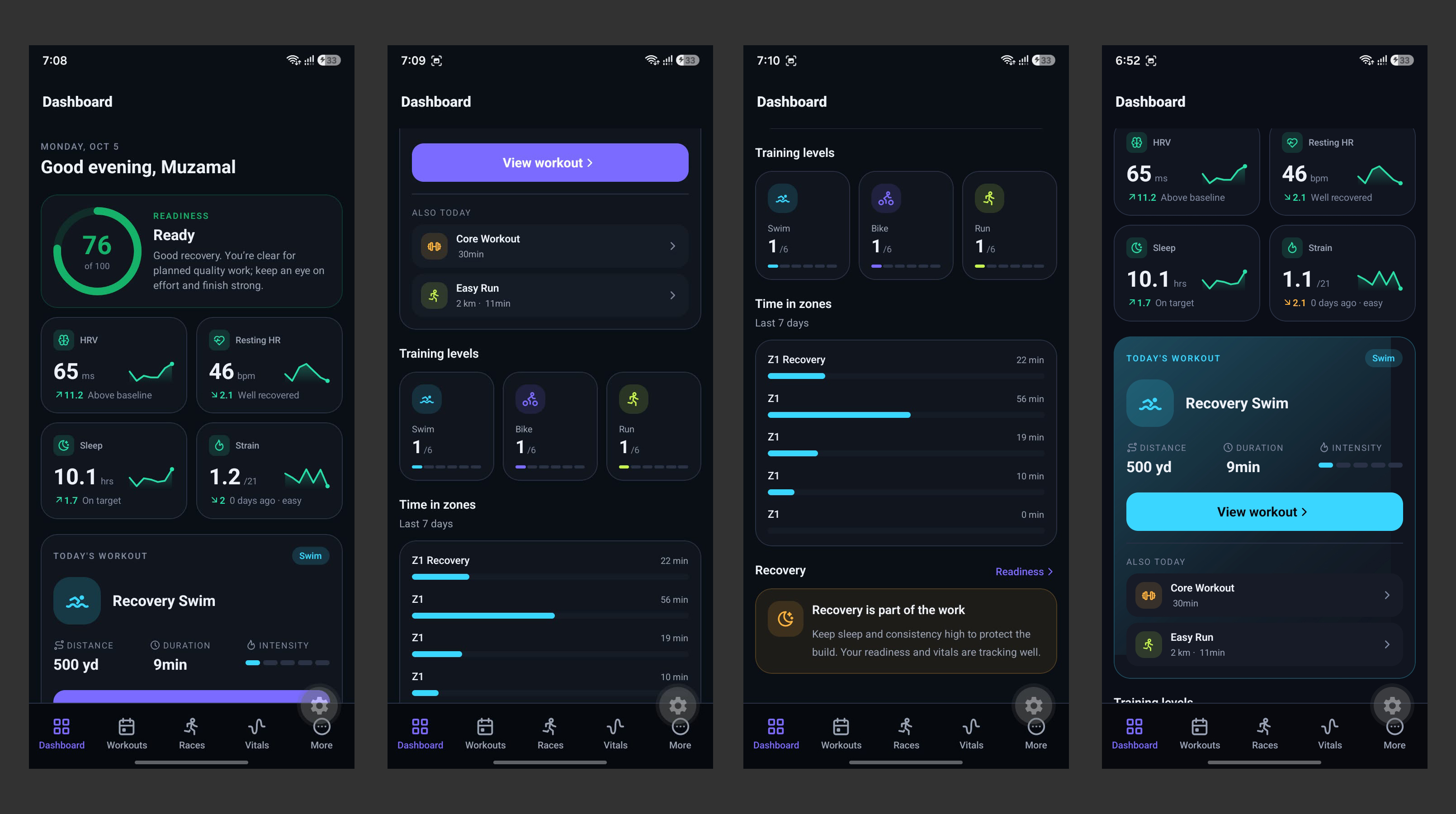 Endraivo App für Android und iOS: Dashboard mit Readiness, Vitalwerten und heutigem Workout
